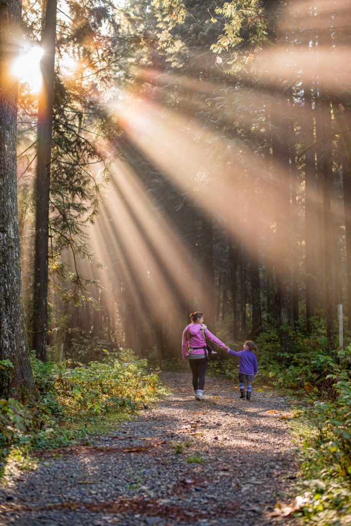 Накопительное страхование жизни в США - постоянное страхование. Мама идет с ребенком в лесу и сквозь листья пробиваются лучи солнца